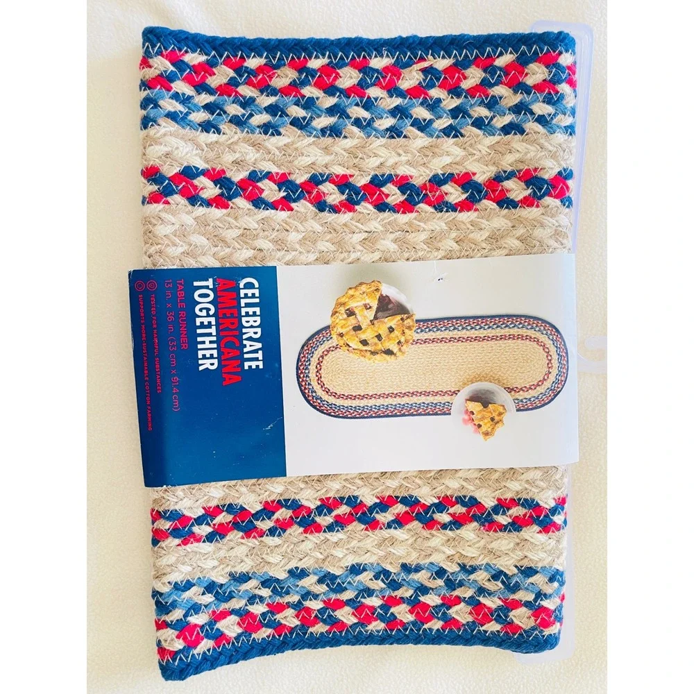 NWT Patriotic Table Runner Braided Red Blue Beige Rustic Farmhouse  Picnic 13x36